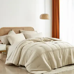 King Size Comforter Set 7 Bed in a Bag,Grid Pinch Pleat Beige Bedding Set,Striped Textured Soft Microfiber Comforter with Sheet Set,All Season Complete Bed Set(Beige,King)