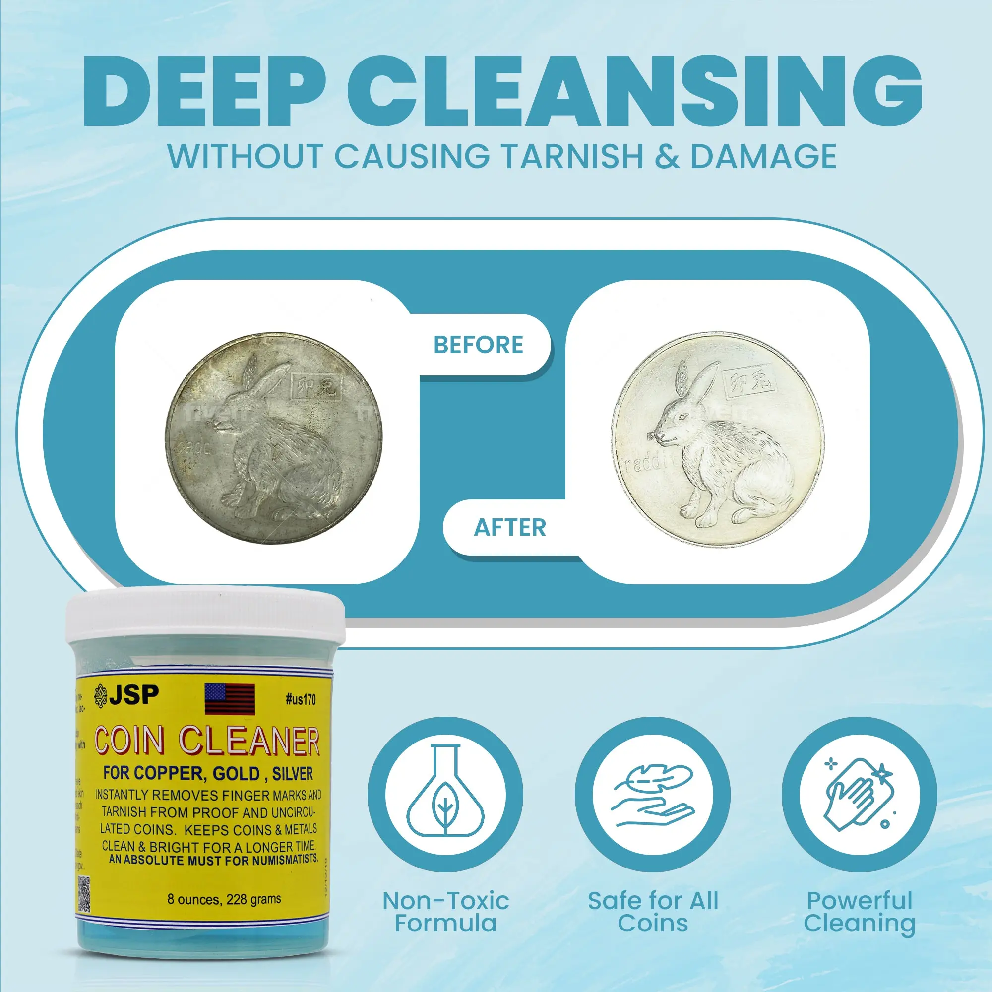 JSP Super Coin Cleaner (8 oz) - Household Mess-Free All-Purpose Cleaner for Precious Metals, Jewelry, Coins, Bars; Removes Tarnish, Fingerprints, Dirt; Restores Luster, Works with Uncirculated Items & Cleaning Basket, Gentle On Silver