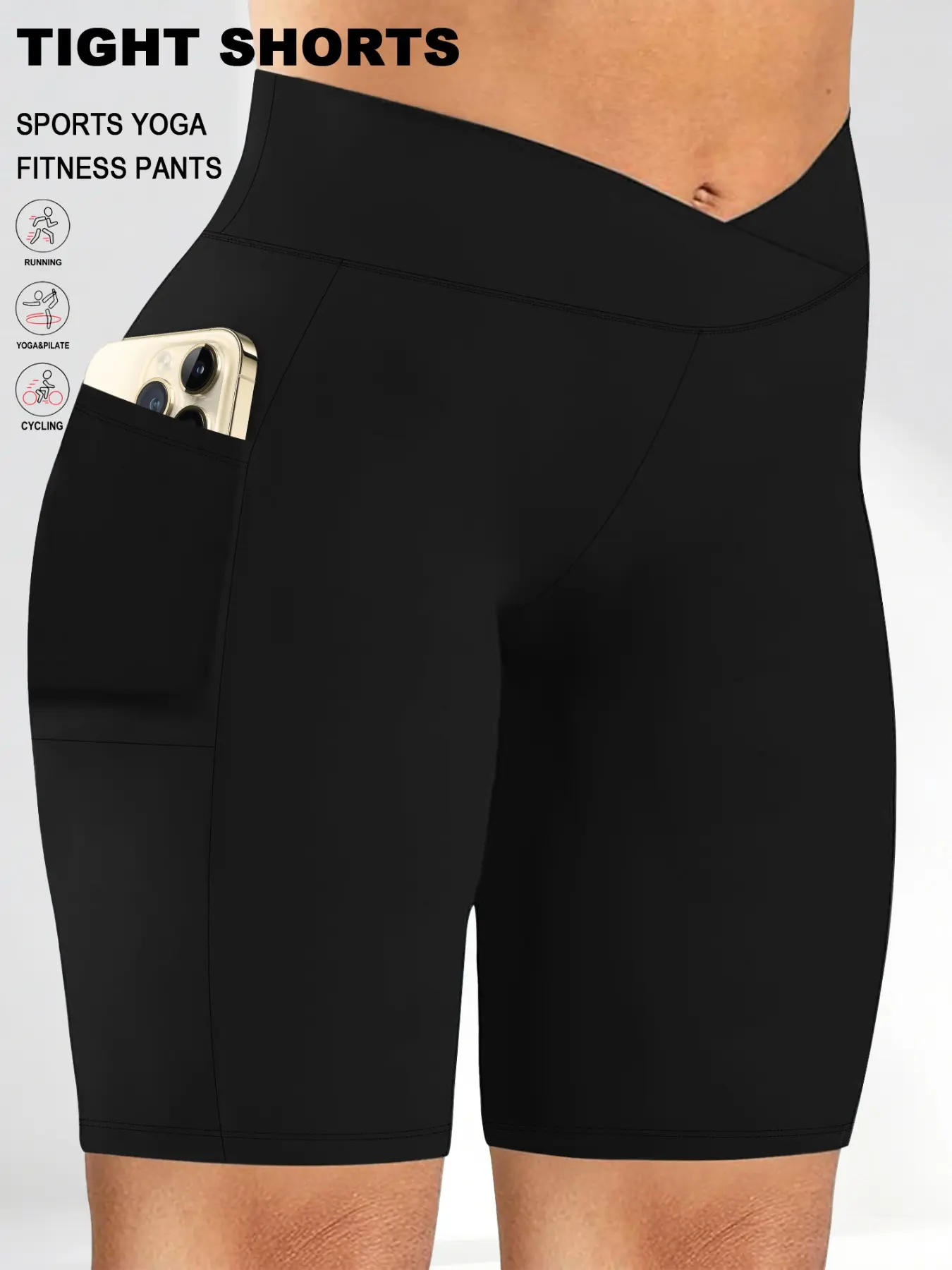 Women's Plus Size Cross Waist Skinny Yoga Workout Shorts, High Elasticity Five-Quarter Pants, Pocket Design, Solid Color Tight Fit, Soft Comfort Fabric, Sports Tight Shorts, Shorts With Pocket