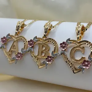 14K Gold Plated Heart Shaped Initial Pendant Necklace A-Z Figaro Style Chain Personalized Gift for Her