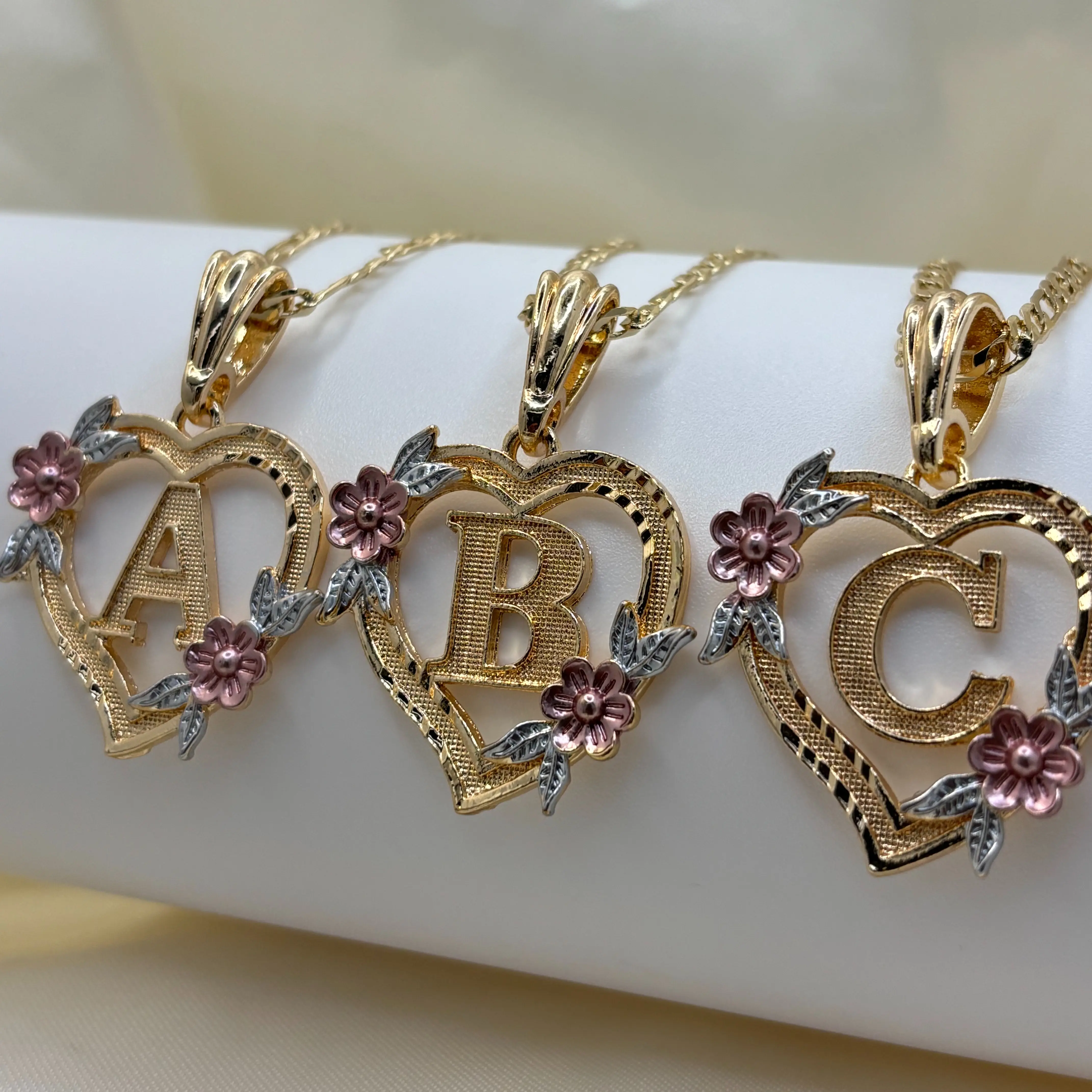 14K Gold Plated Heart Shaped Initial Pendant Necklace A-Z Figaro Style Chain Personalized Gift for Her