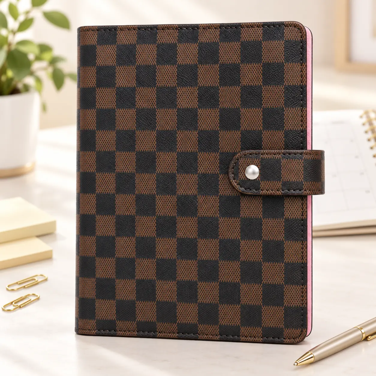 Modern A5 Refillable 6-Ring Binder Notebook Journal, PU Leather Checkered Daily Planner with 160 Pages for Work & Notes
