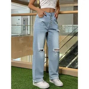 Yzara Women's Casual High Waist Ripped Distressed Baggy Straight Wide Leg Y2K Jeans Trendy Boyfriend Bell Bottom Denim Pants for All Seasons Everyday Fashion Womenswear Style Trouser Streetwear Pocket Basic Light Blue Minimalist Mothersdaygift