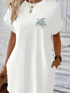 Women's Turtle Print Short-Sleeved Dress, Casual Slim-Fitting Floral Pattern Clothing, Stylish Daily Wear