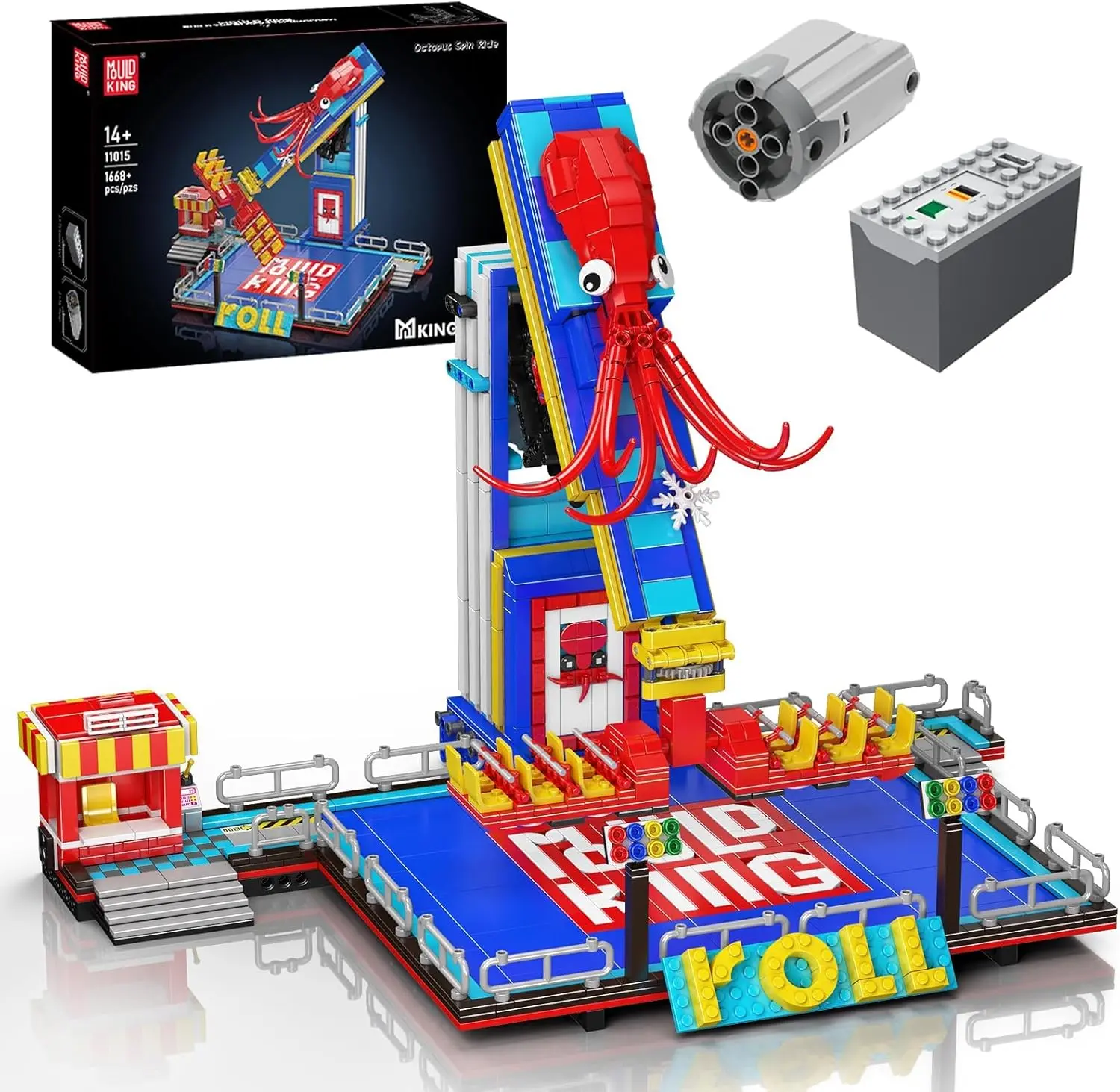 Mould King 11015 Fantasy Amusement Park Octopus Spinner Ride STEM Building Blocks, 1668+ Pieces Motorized Fairground Toy Set, Gift for Teens