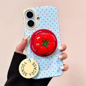 3D Polka Dot Cute Tomato Magnetic Grip Tok Phone Stand Holder Phone Case for iPhone 16 15 13 17 Pro Max For Magsafe Back Cover