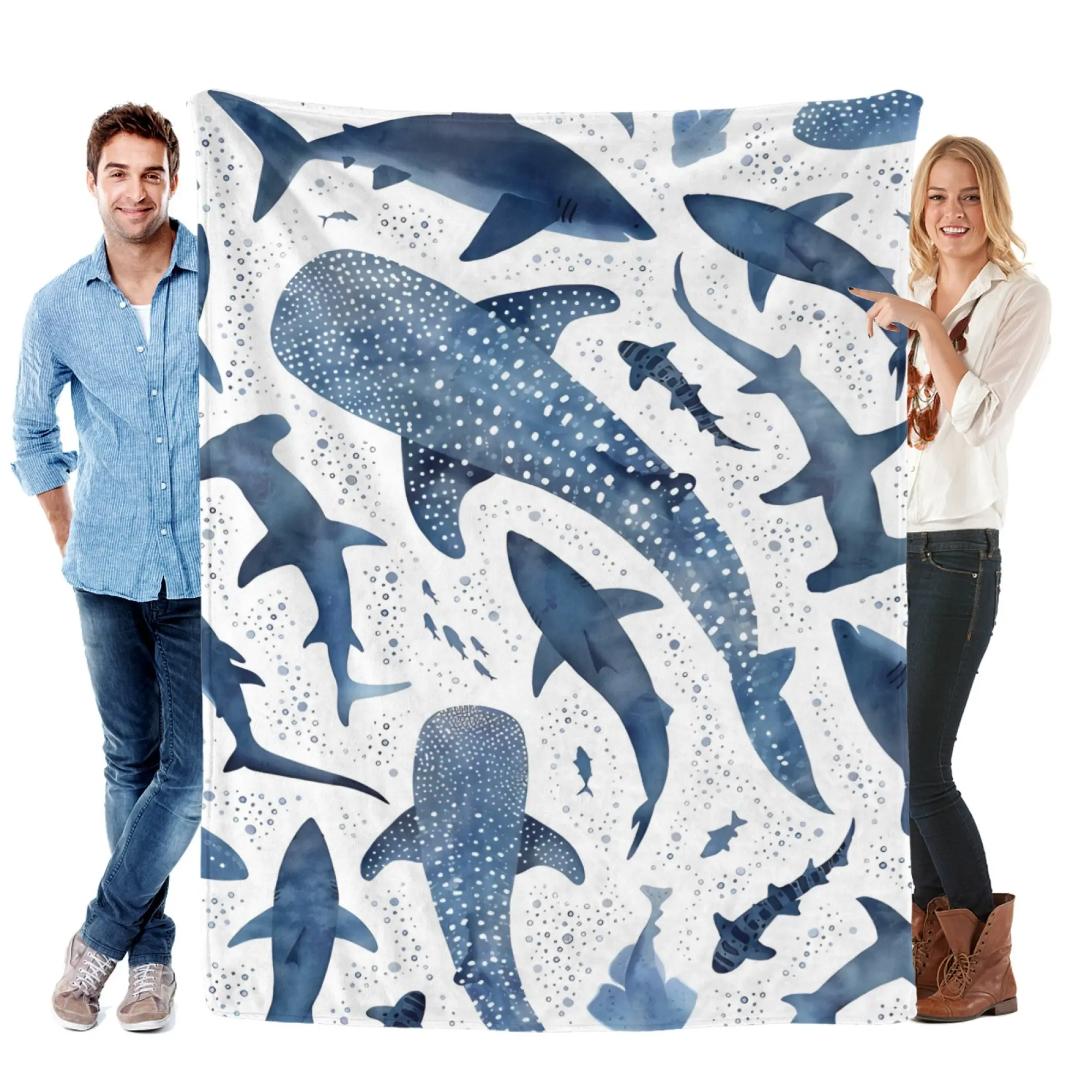 Watercolor Shark Whale Shark Flannel Blanket, Blue Ocean Marine Animal Silhouette Print, Ultra Soft Warm Cozy Lightweight Throw, Perfect for Bedroom Sofa Kids Room Beach House Decor, Ideal Gift for Ocean Wildlife Lovers