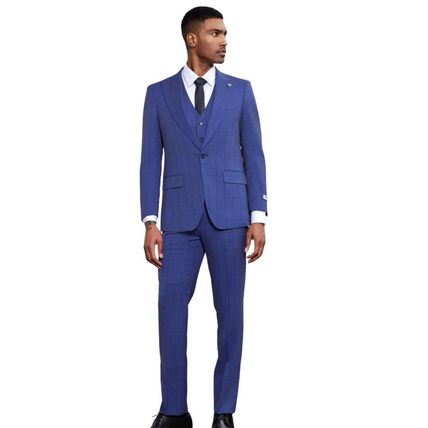 Men’s 3-Piece Hybrid Fit Windowpane Suit by Stacy Adams - Blue