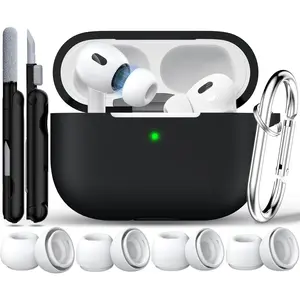 Compatible with airpods pro 2 case (2023/2022/2019), Soft Silicone Protection AirPod Pro Case Cover(USB-C/Lightning Cable) with Cleaner kit&EarTips,Black