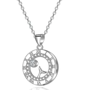 925 Sterling Silver Roman Numeral Pendant Necklace with 18k White Gold Plated Cubic Zirconia Love Jewelry for Women