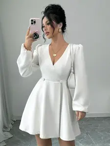 Women's Plain Wrap V Neck A Line Dress, Elegant Bishop Sleeve Long Sleeve Zipper Back Short Dress for Party Holiday Wedding Guest, Ladies Summer Clothes Womenswear Vneck