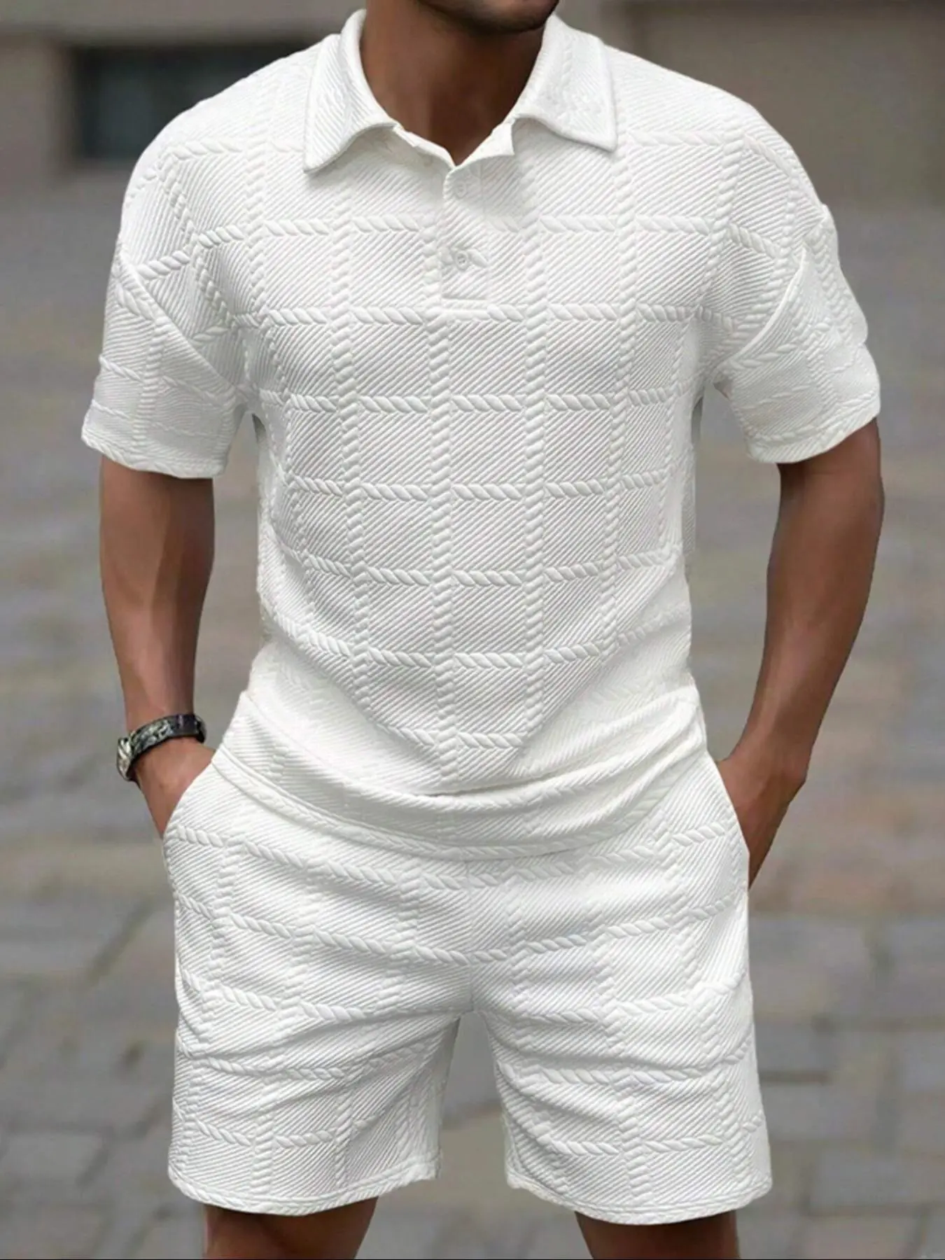 Men's 2-Piece Athletic Set, Casual V-Neck Polo Shirt and Shorts in Knitted Jacquard, Breathable Loose-Fit Summer Menswear, Knitting, Fitted, Xl, Breezy Knitted Top, Men’s Clothes, 2 Piece Mens