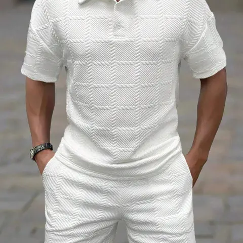 Men's 2-Piece Knitted Athletic Outfits - Casual Easy Style Jacquard V-Neck Short Sleeve Polo Shirt, Loose-Fit Breathable Fabric Shorts, Summer Clothes for Sports Days & Hangouts, XL