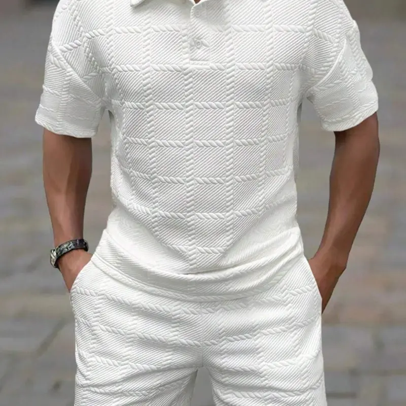 Men's 2-Piece Knitted Athletic Outfits - Casual Easy Style Jacquard V-Neck Short Sleeve Polo Shirt, Loose-Fit Breathable Fabric Shorts, Summer Clothes for Sports Days & Hangouts, XL