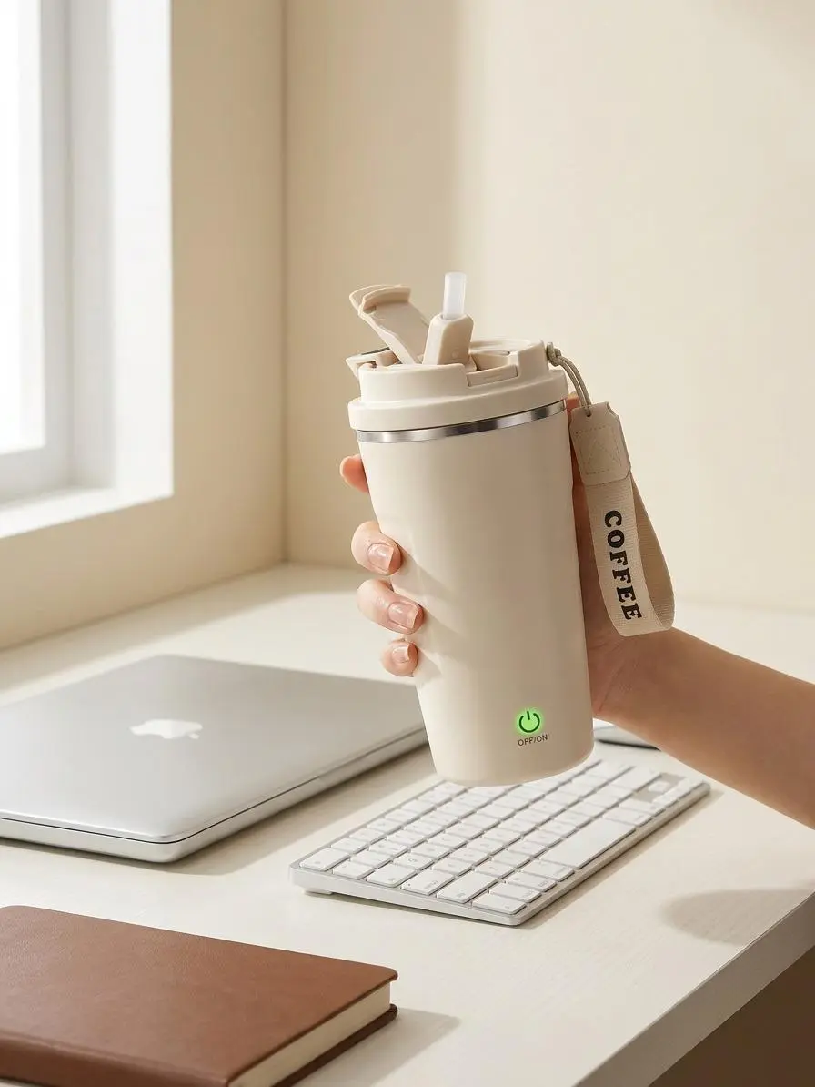 2026 New Beige Rechargeable Smart Mug Double Spout Straw Food Grade Temp Display Portable for Outdoor Travel Car Shaker & Sport master stainless steel tumbler home leak-proof lid bottle gym aesthetic drinkware,Clear,Classic,Shaker Bottle,hike,workout,,,,