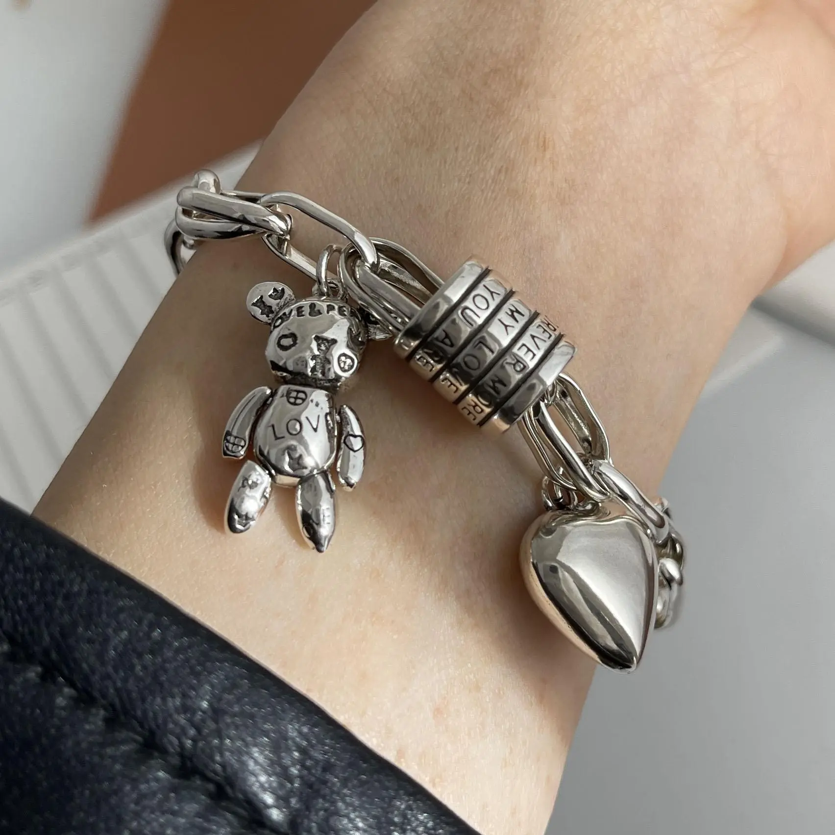 100% Solid 925 Sterling Silver Retro Bracelet for Women Men Vintage Handmade Heart Charm Bracelet Vintage Heart & Bear Design Love