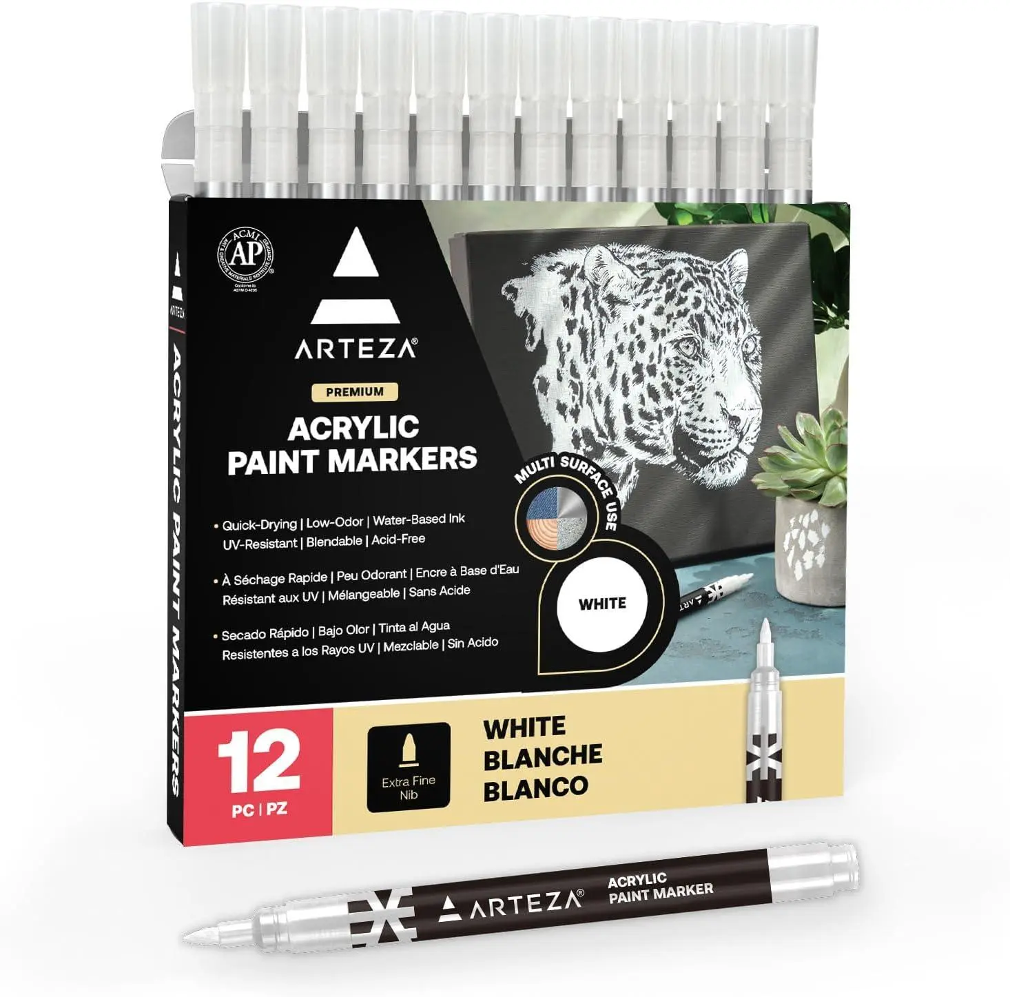 ARTEZA Acrylic Paint Markers, Set of 12 White Acrylic Paint Pen, Art Markers for Glass, Pottery, Ceramic, Plastic, Rocks, and Canvas