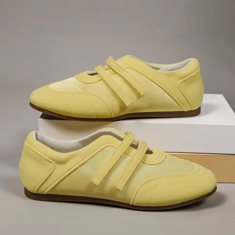 Women's Satin Ballet Flats, Yellow, Flat Round Toe, Velcro Design Retro Casual Commuter Walking Shoes, Office Commuting Shoes, Business Style Flats, Soft Comfortable Textile Upper, Rubber Sole, All Seasons, Vintage Style Shoes, Summer Flats