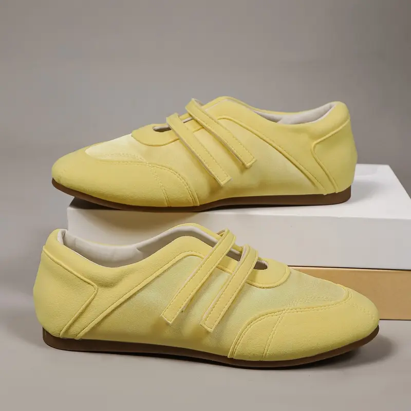Women's Satin Ballet Flats, Yellow, Flat Round Toe, Velcro Design Retro Casual Commuter Walking Shoes, Office Commuting Shoes, Business Style Flats, Soft Comfortable Textile Upper, Rubber Sole, All Seasons, Vintage Style Shoes, Summer Flats