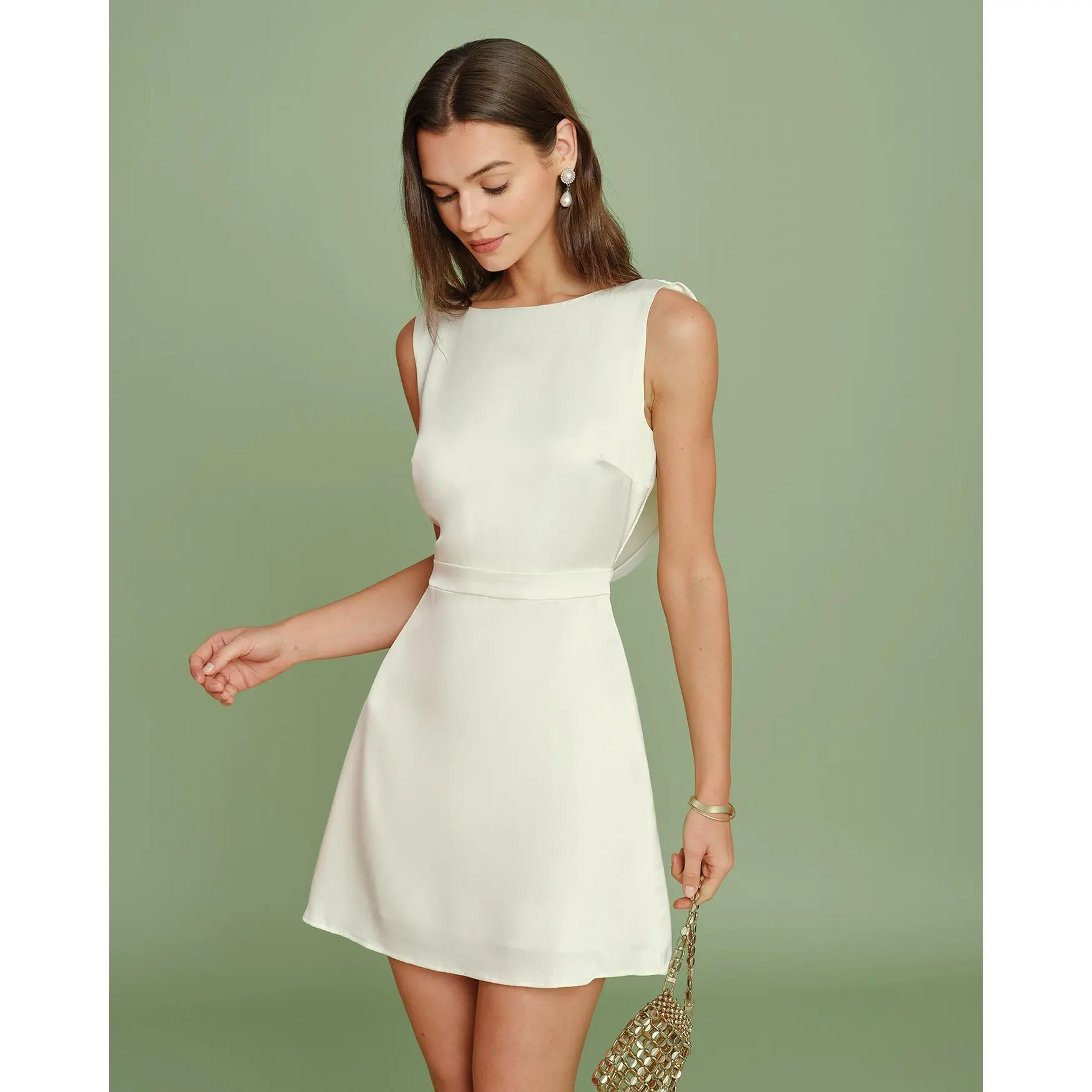 Apricot Boat Neck Pearl Mini Dress