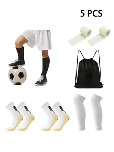 5 Piece Set New Football Equipment Men Women Glue Football Socks Fitness Garter Belt Sports Bandage Drawstring Ball Bag High Quality Elastic Socks Calf Soccer Accessories, Grip Socks, Sports Stockings