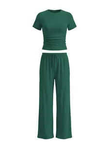 Women's 2 Piece Athleisure Set | Short Sleeve Crewneck T-Shirt & Wide Leg Sweatpants | Soft Stretchy Casual Tracksuit