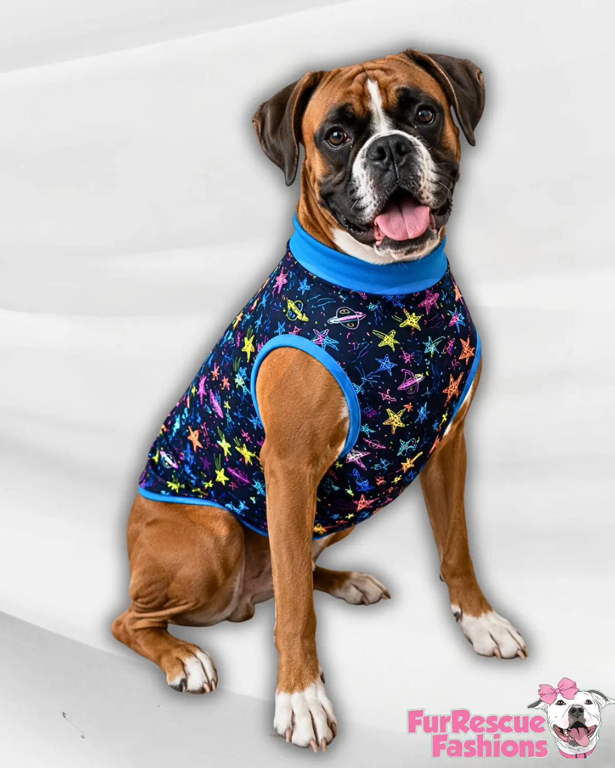 Planets & Stars - Dog Pajama with Blue Neck & Trim/Sleeves