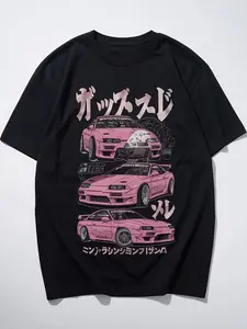 Japanese Style Jdm Car Print Short Sleeve T-Shirt, American Street Fashion Loose Fit, Unisex Casual Long T-Shirt