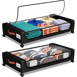 Bed with Wheels, UnderBed Containers with Clear Lid and Handles, XXL 60L the Bed Bins Drawers for Clothes,,Shoes,Books (BLACK, 2 PACK)