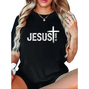 "Christian Cross God Loves You Jesus is King" Graphic Tee, Women's 100% Cotton Loose Top. Super Soft Stylish Summer Streetwear Black Crewneck, Comfy Round Neck Short Sleeves T-Shirt. Inspirational Faith Based Religious Apparel.