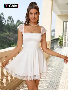 Parthea Backless Cross-Strap Lace Patchwork Satin Dress, Casual Sweet Feminine Cute Date Wear, Slim-Fitting Cap Sleeve, Short Plain Design, Womenswear, Casual Elegant Dress