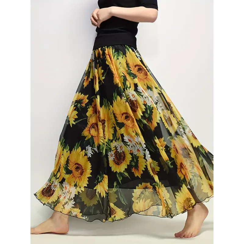 exercise fingers Sunflower Print High Waist Skirt, Boho Maxi Beach Skirt For Spring & Summer, Women's Clothing