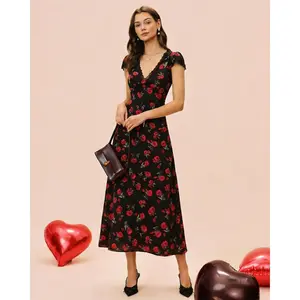 rihoas Women's Black Floral Print Woven Polyester V-Neck High-Waisted Long-Sleeve Elegant Lace Casual Maxi Dress