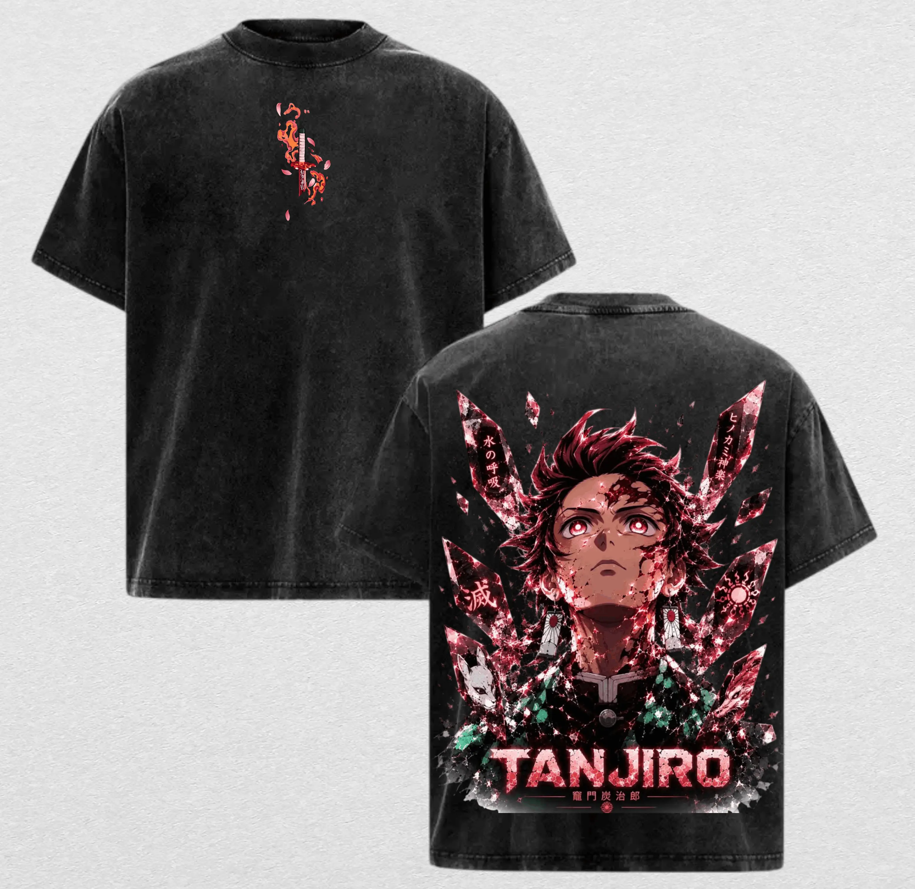 Vintage Washed Demon Slayer Tanjiro Graphic Tee Heavyweight 240GSM Cotton Acid Wash Streetwear T-Shirt Hinokami Kagura Anime Merch Oversized T-Shirt Gift