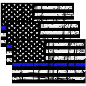 Reflective Tattered Thin Blue Line Decal Matte Black - 3 Packs 3x5 in.   Flag Decal Stickers for , , Hard Hat, Support  and Law Enforcement Officers