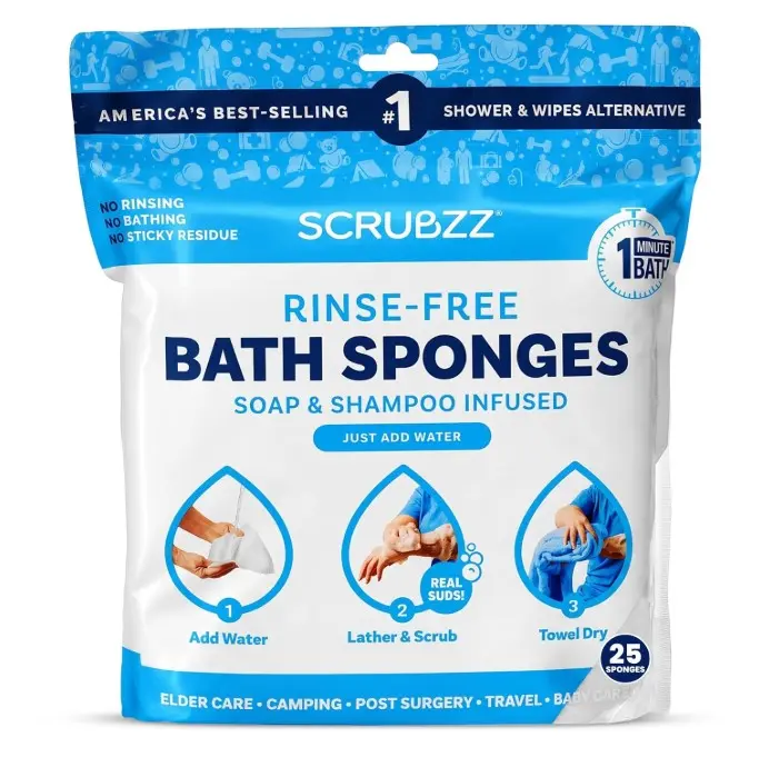 Scrubzz Disposable Rinse Free Bathing Wipes - 25 Pack - All-in-1 Single Use Shower Wipes, Simply Dampen, Lather, and Dry Without Shampoo or Rinsing