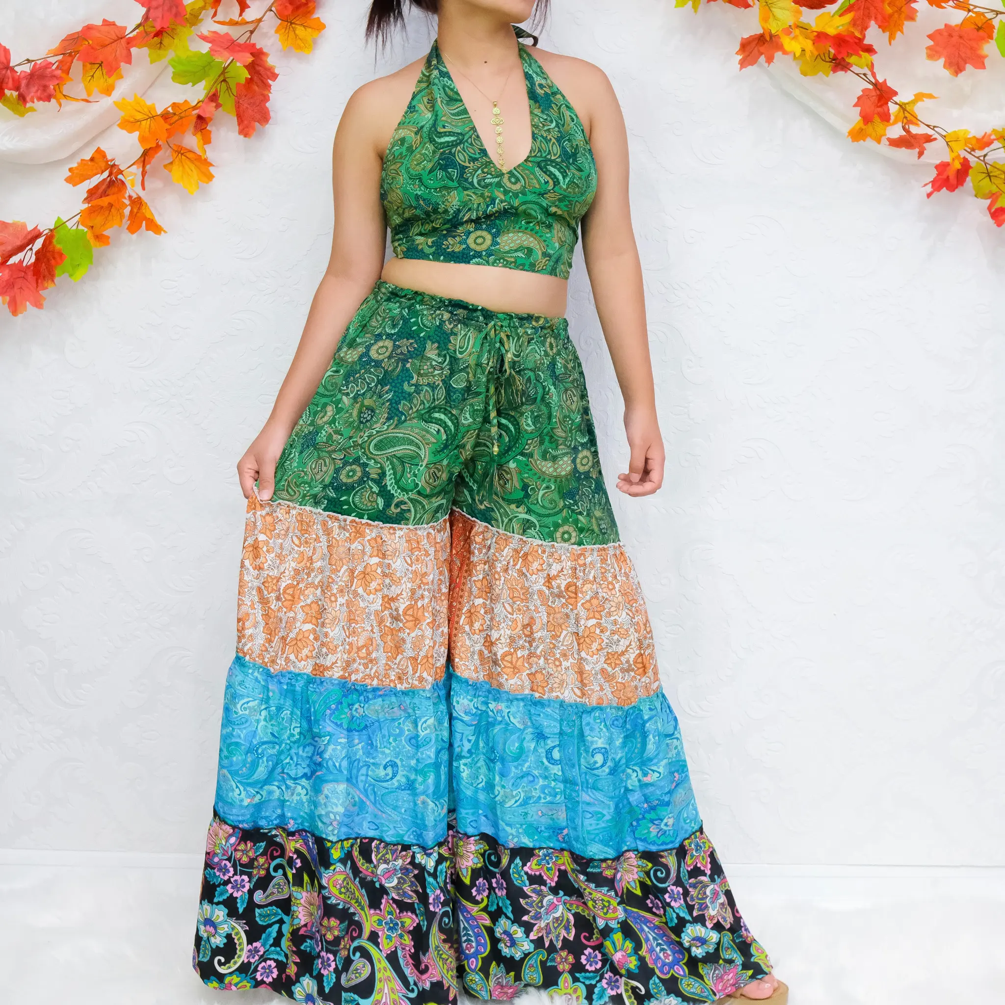 Bohemian Flowy Tiered Patchwork Pant with Halter Top, Reversible Top, 70s Flare Pants with Pockets, Boho Hippie Wide Leg Pants, Fall Fashion, 90s Outfits