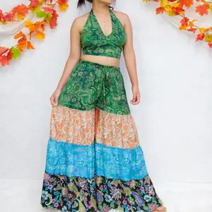 Bohemian Flowy Tiered Patchwork Pant with Halter Top, Reversible Top, 70s Flare Pants with Pockets, Boho Hippie Wide Leg Pants, Fall Fashion, 90s Outfits