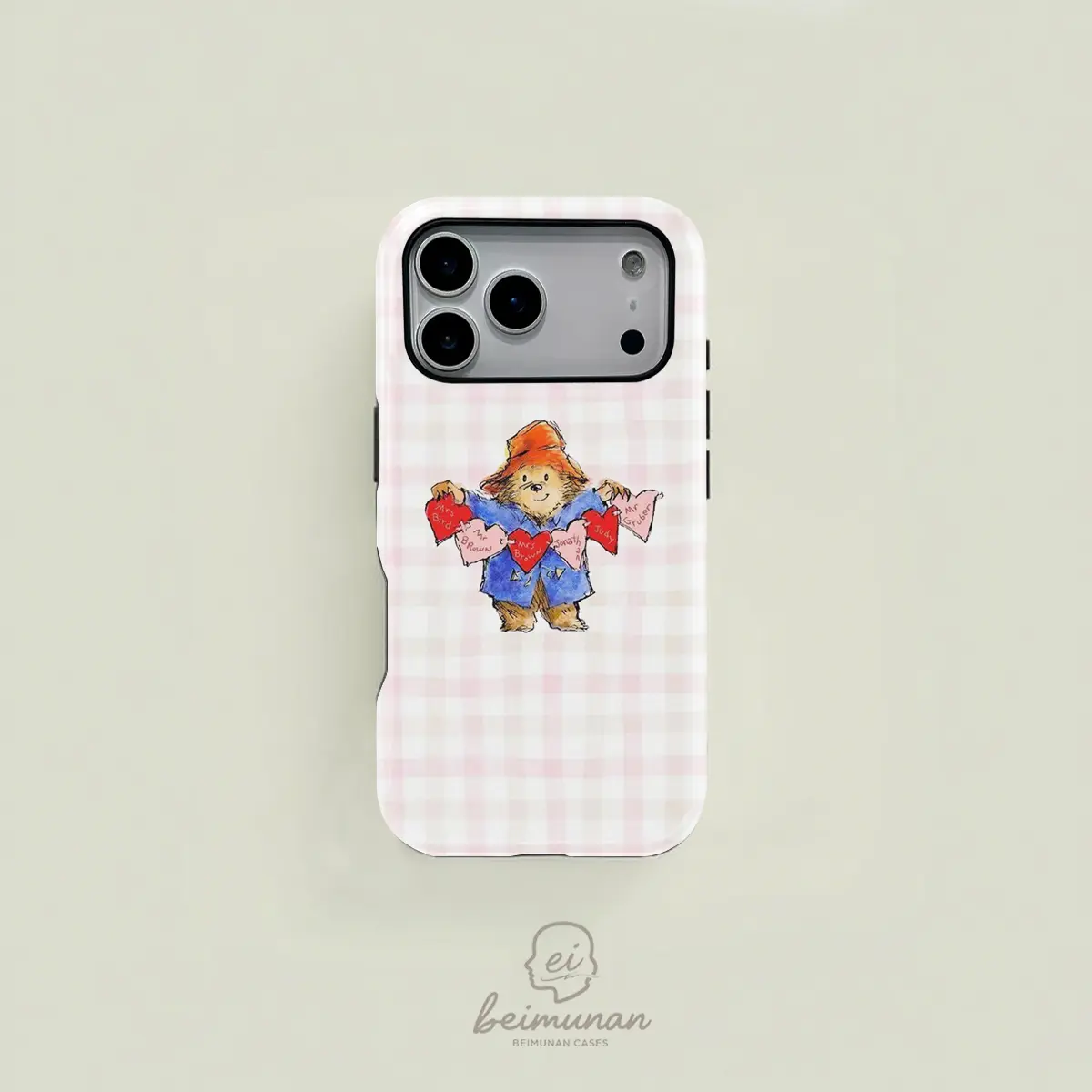 Paddington Bear Hearts Print Cellphone Case Cover, Rugged Shockproof 2in1 Protective Casing for iPhone 17 16 15 14 13 12 11 Pro Max Series Holiday Gift Simple Fashion Protection Case Phone Accessory Protector Smartphone