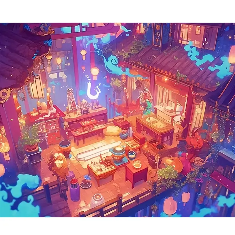 1PC  Diamond Painting Ancient Oriental Bazaar Diamond Painting Kit, Traditional Street Scene with Luminous Lanterns and Classic Shops, DIY Full Drill Art for Home Wall Decor Craft Lovers