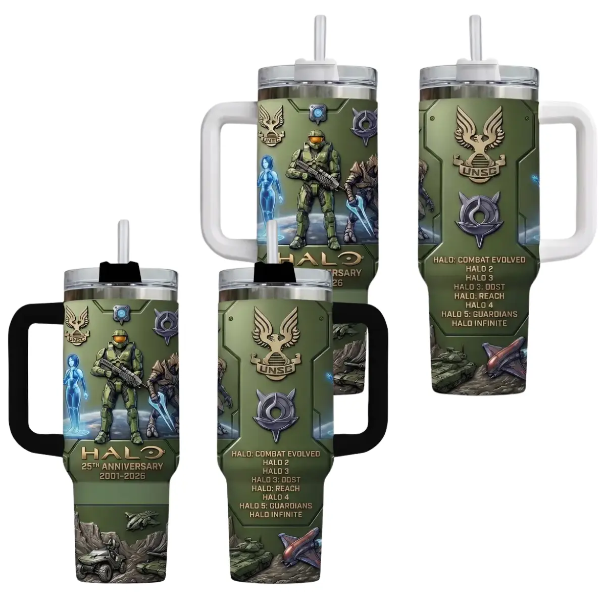 Halo 25th Anniversary Tumbler with Handle, Master Chief 40oz Insulated Travel Mug, UNSC Cortana Arbiter Game Timeline Design, Stainless Steel Coffee Cup, Retro Video Game Collectible Birthday Gift for Men Gamers, Sci-Fi Gaming Merchandise