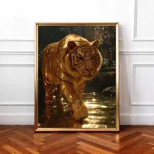Golden tiger wall art, luxury animal print, glowing jungle tiger poster, cinematic wildlife decor, bold statement artwork for living room