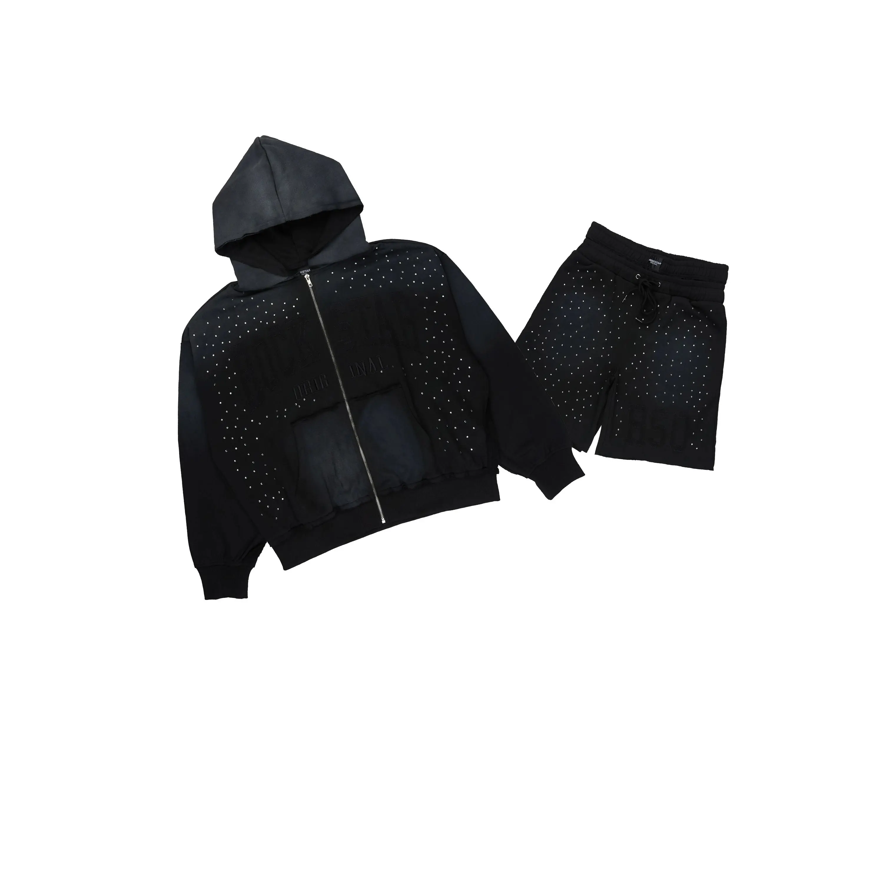 Akila Black Rhinestone Hoodie Double Waisted Short Set