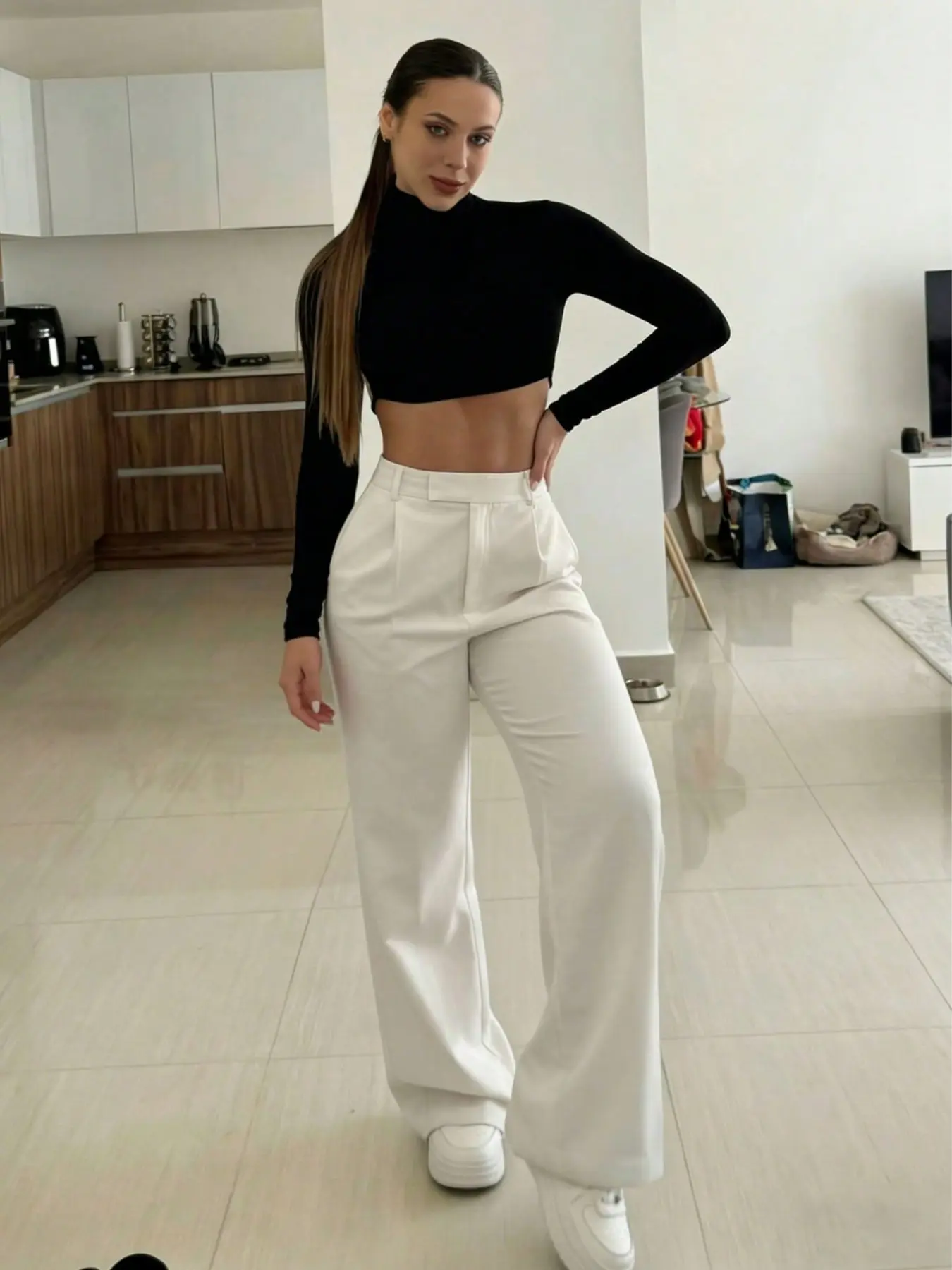 Women's High-Waisted Wide-Leg Suit Pants, Elegant Pleated Flowy Long Pants, Slim Fit Floor-Length, Office Wear, Street Style