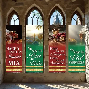 4 Pcs Religious Banners, Polyester Material Eucharist Theme Christian Vertical Banner Set Classic Religious Scripture Quote Design Suitable for Church Worship Space Catholic Holy Communion Celebration Home Prayer Corner Wall Decor