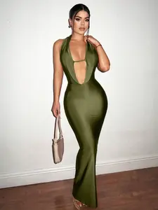 Women's Backless Maxi Dress | Deep V-Neck Fitted Dress | Evening Party Outfit