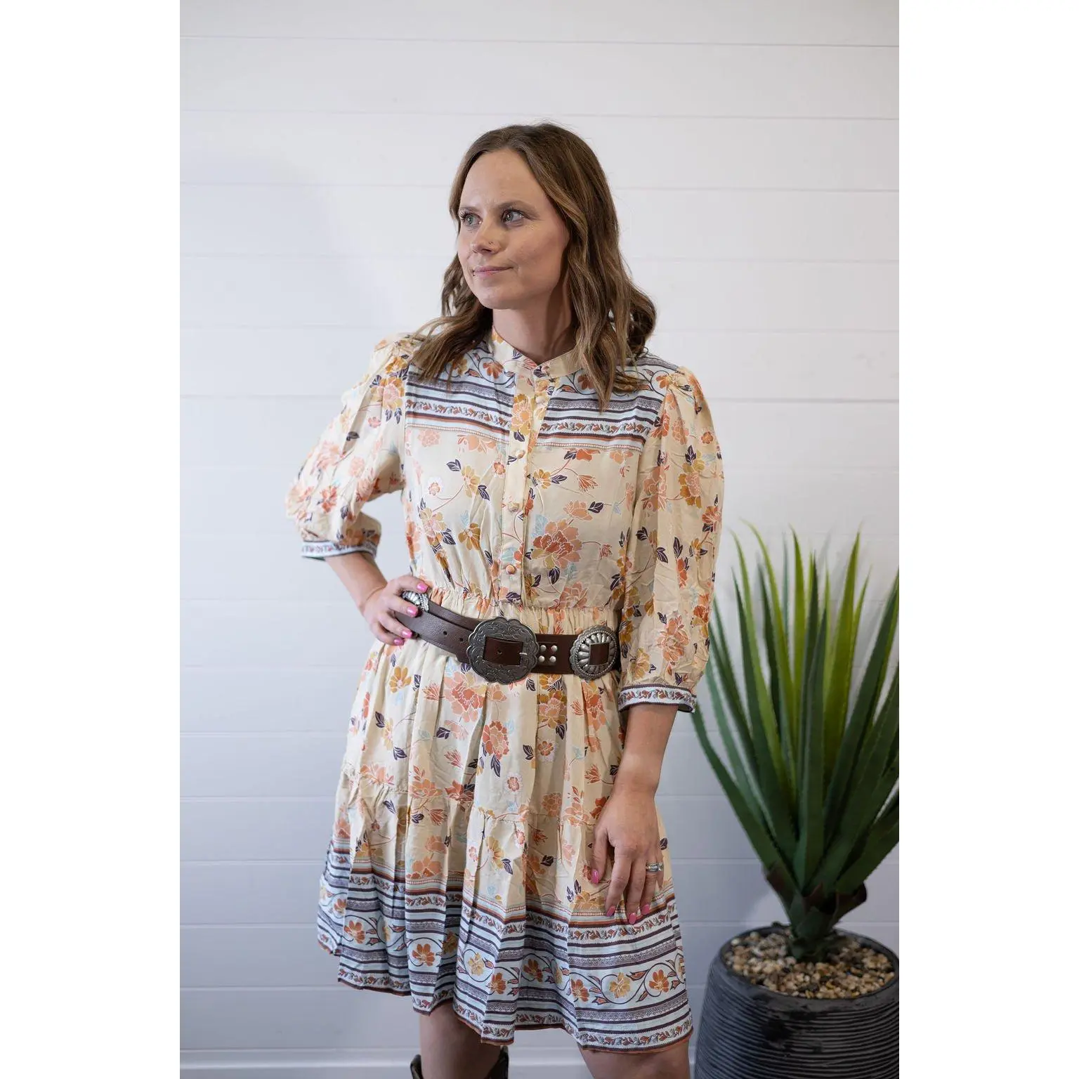 Umgee "Boho" A-Line Western Dress — Prairie Floral Print with 3/4 Balloon Sleeves & Button Placket - small remains