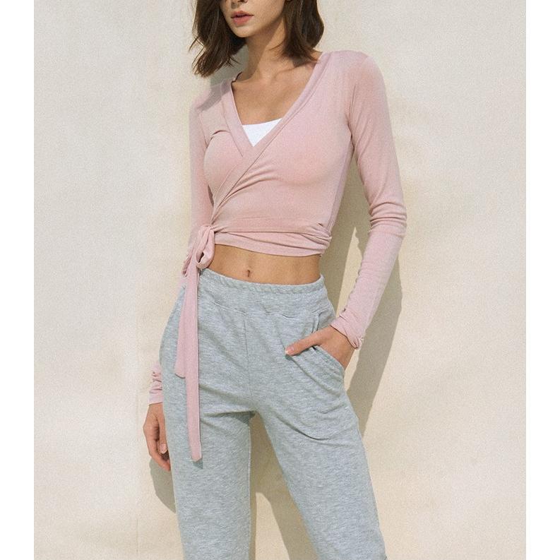 Women Solid Color Dance TopsFit Wrapped V Neck Tie-up Long Sleeve Crop Ballet Cardigan