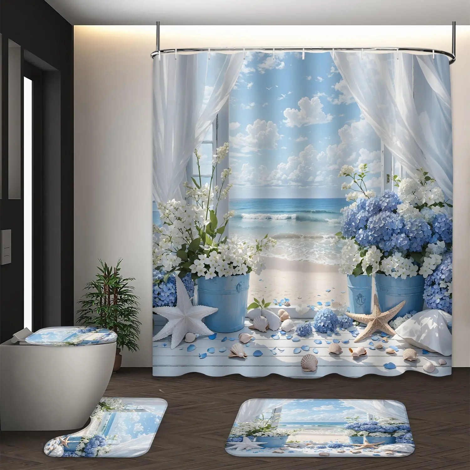 LVRLVR 4Pcs Window Sea View Blue Hydrangea Starfish Shell Floral Print Fresh Coastal Multi-Color Shower Curtain Set Bathroom Curtains Shower Bathroom Curtain 70.8×70.8 Inch