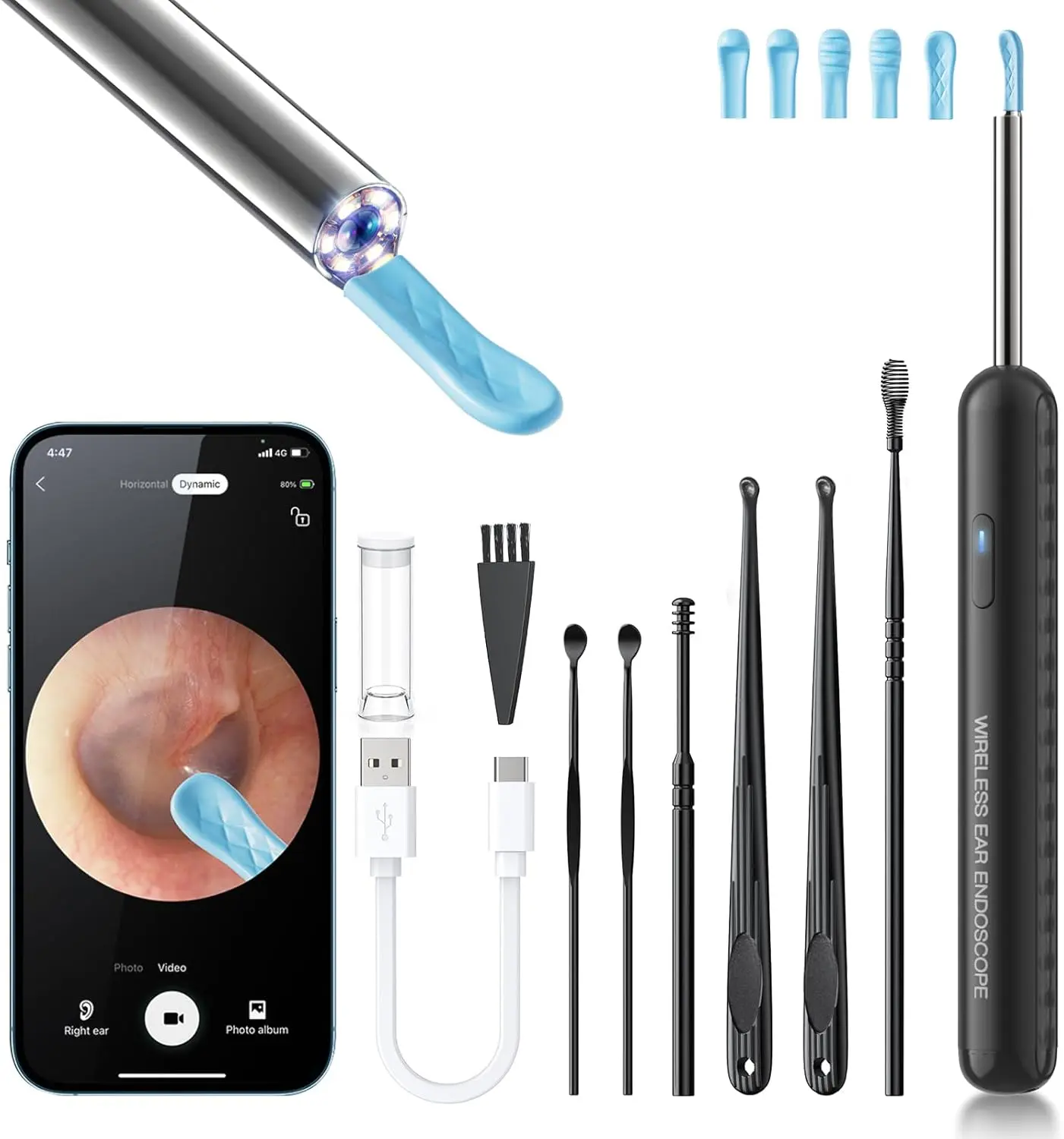 Ear Wax Removal Tool with Camera & Light, 1080P Ear Cleaner, Otoscope Ear Cleaning Kit with 6 Spoons, for iOS & Android, Black, Holiday Gift